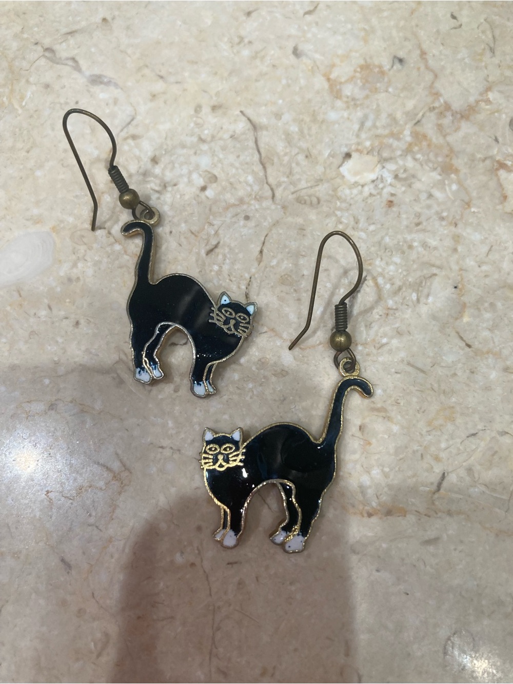 Vintage Arched Black & White Cat Cloisonné Enamel Dangle Earrings